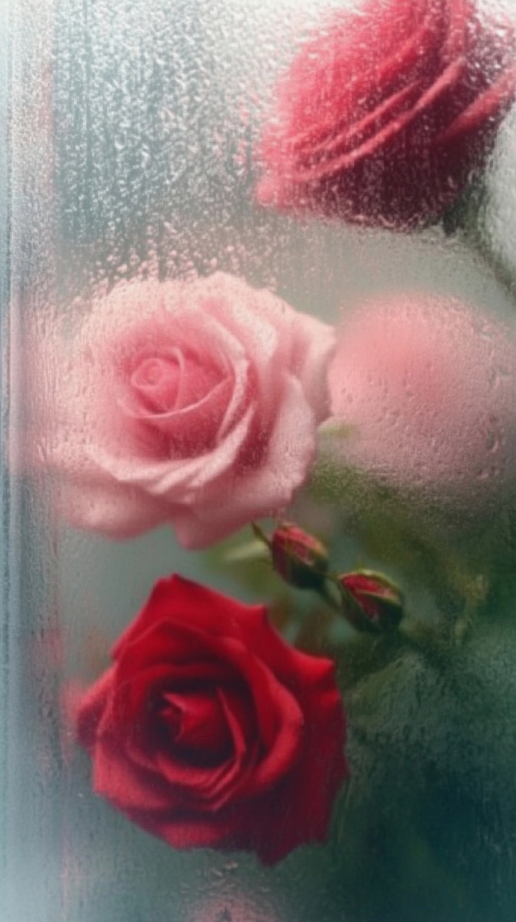 带水珠玻璃后粉与红玫瑰营造朦胧浪漫爱情意境AI