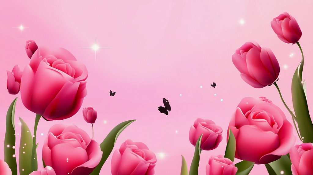 粉色背景中玫瑰与郁金香相伴充满浪漫爱情气息AI