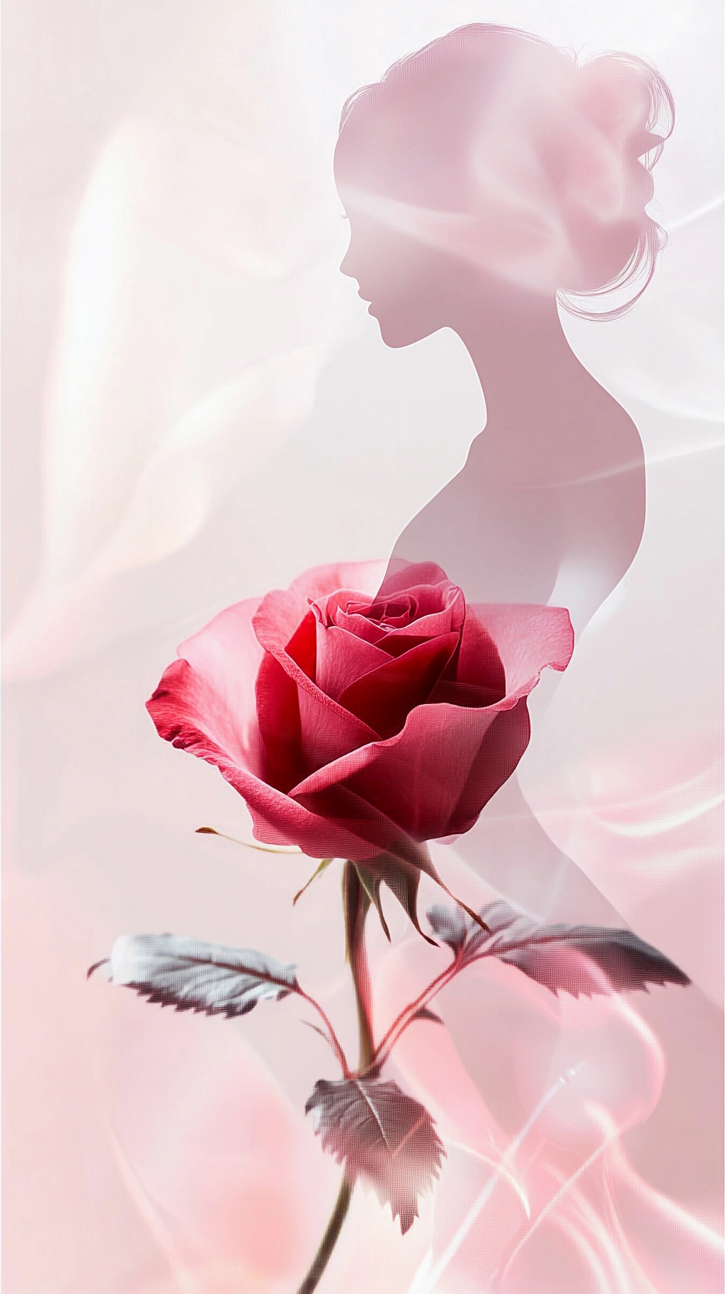 淡粉色梦幻背景下玫瑰与女子轮廓传递温柔爱情AI