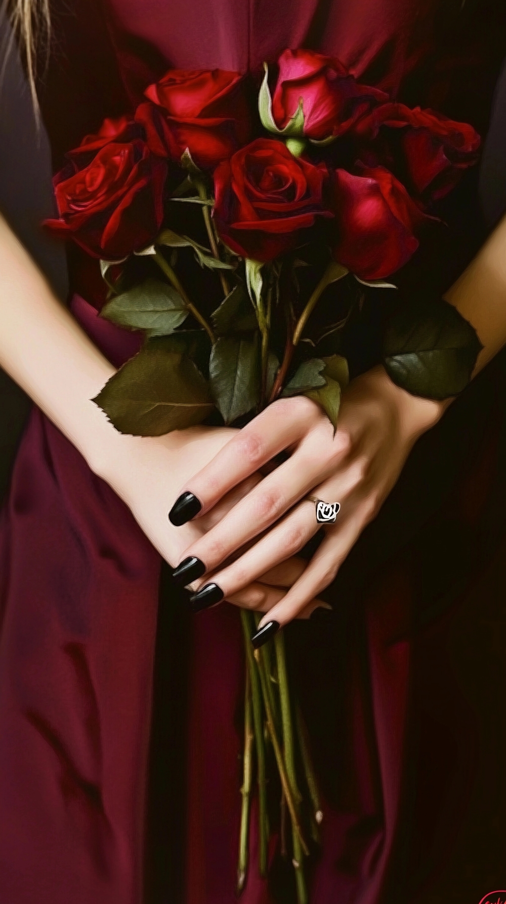 身着红裙手捧红玫瑰展现热烈的爱情姿态AI