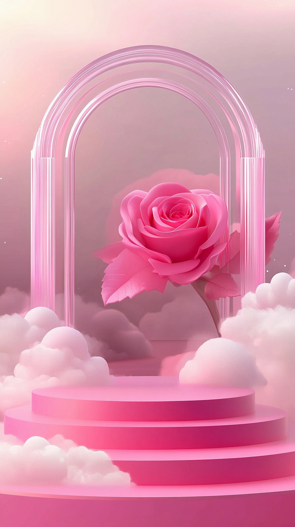 粉色云朵环绕的拱门下绽放的大朵粉色玫瑰AI