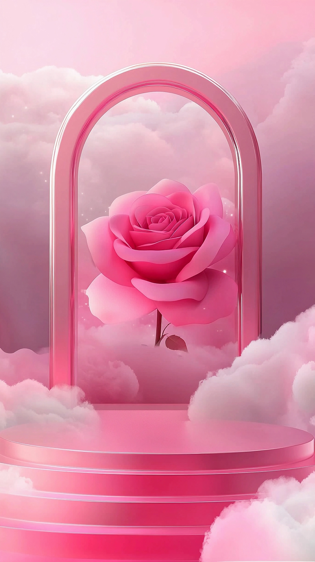 粉色云端拱门下美丽盛开的单支粉色玫瑰AI