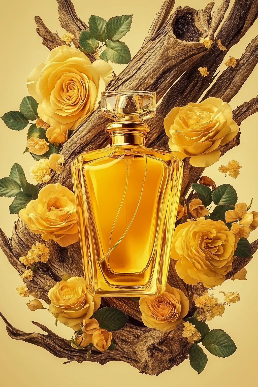 枯木环绕中黄色玫瑰簇拥着的精致香水瓶AI