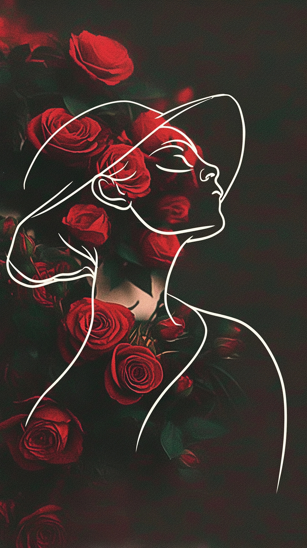 红玫瑰簇拥中线条勾勒的优雅女性轮廓画面AI