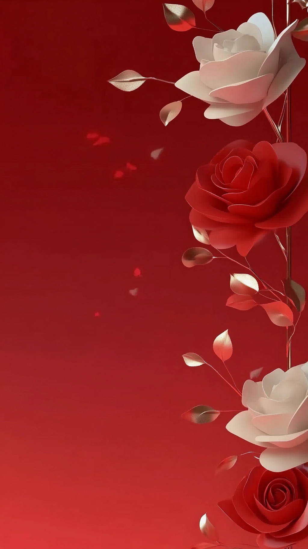 红色背景上红白玫瑰搭配金叶营造浪漫爱情氛围AI