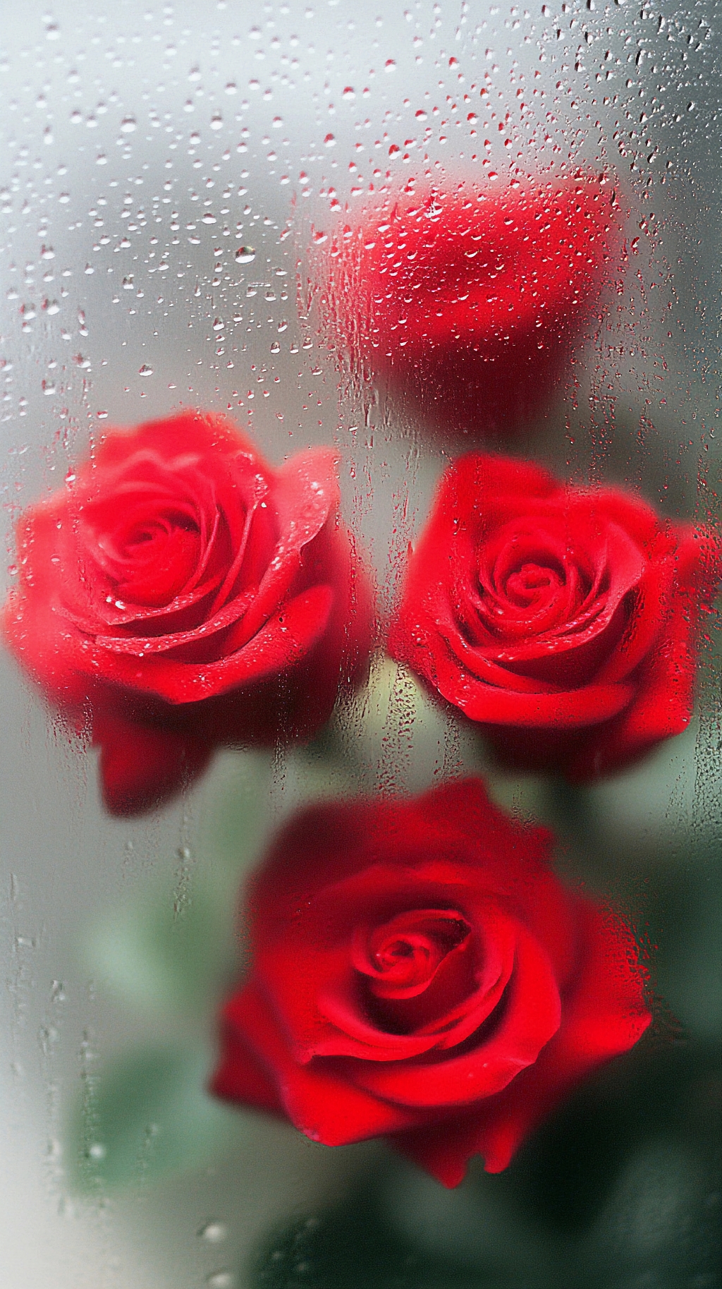 水珠玻璃后娇艳绽放的多朵热烈红色玫瑰AI