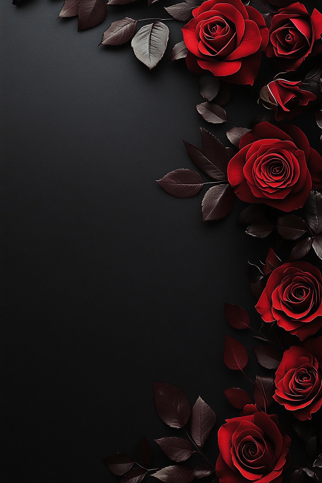 黑色背景角落排列的红玫瑰与深色叶子画面AI