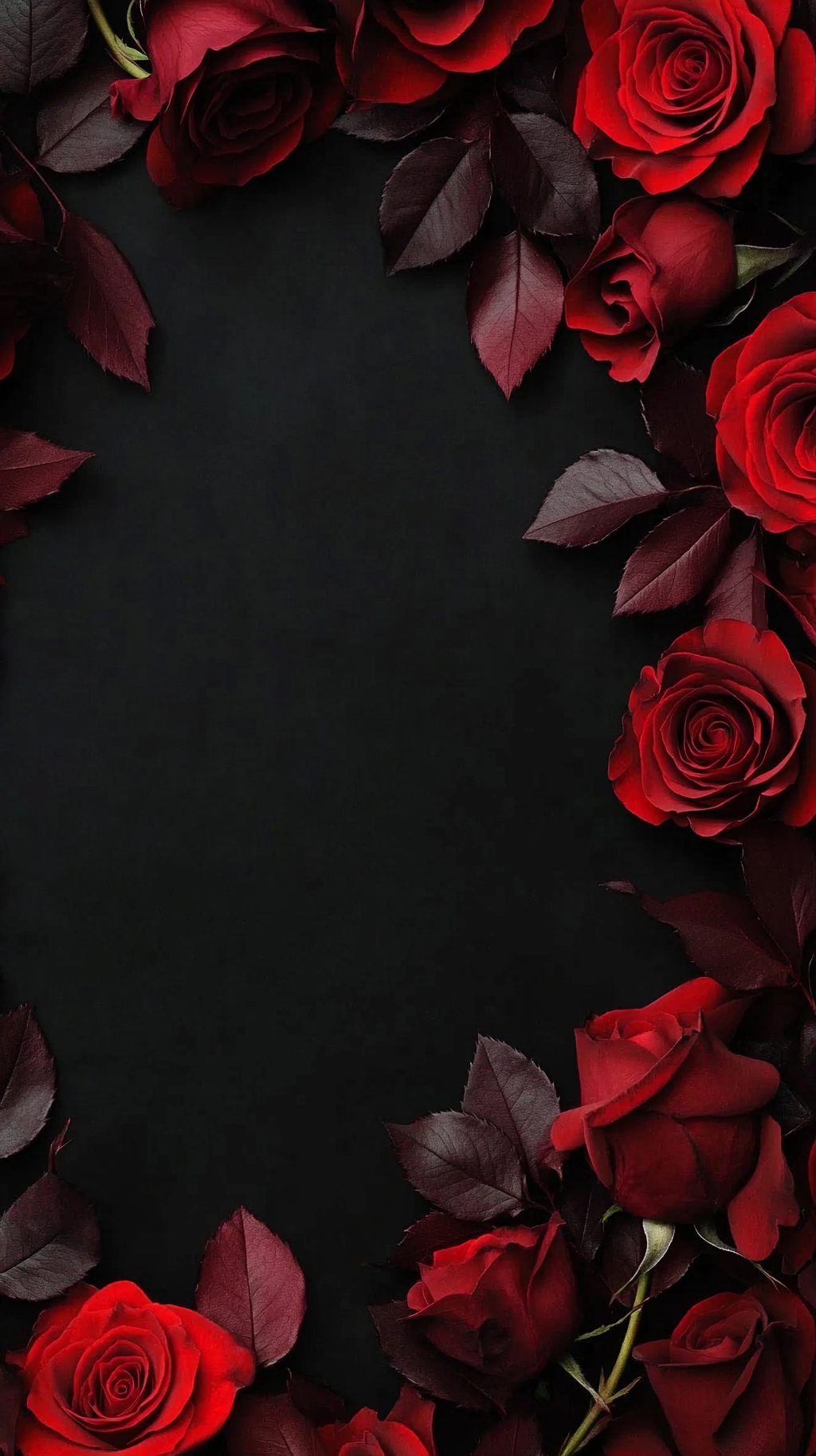 黑色背景边缘环绕的多朵热烈红色玫瑰花与叶AI