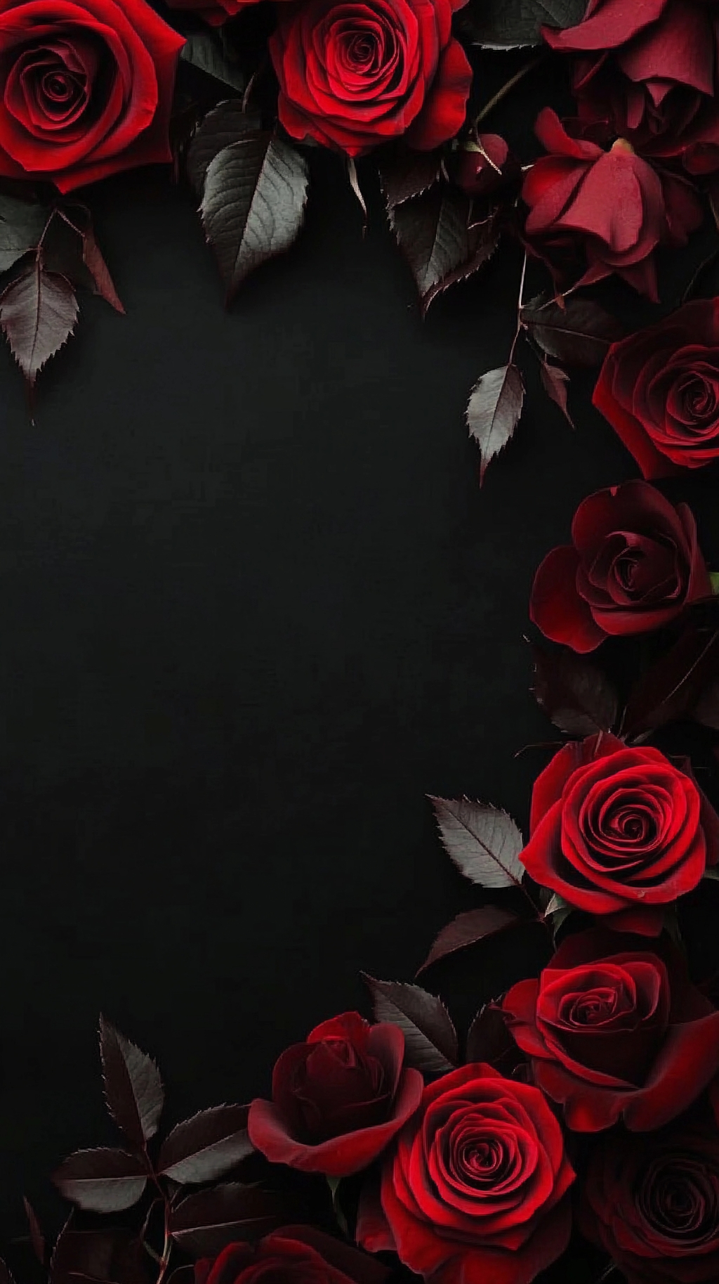 黑色背景角落簇拥的深红玫瑰和深色叶片组合AI