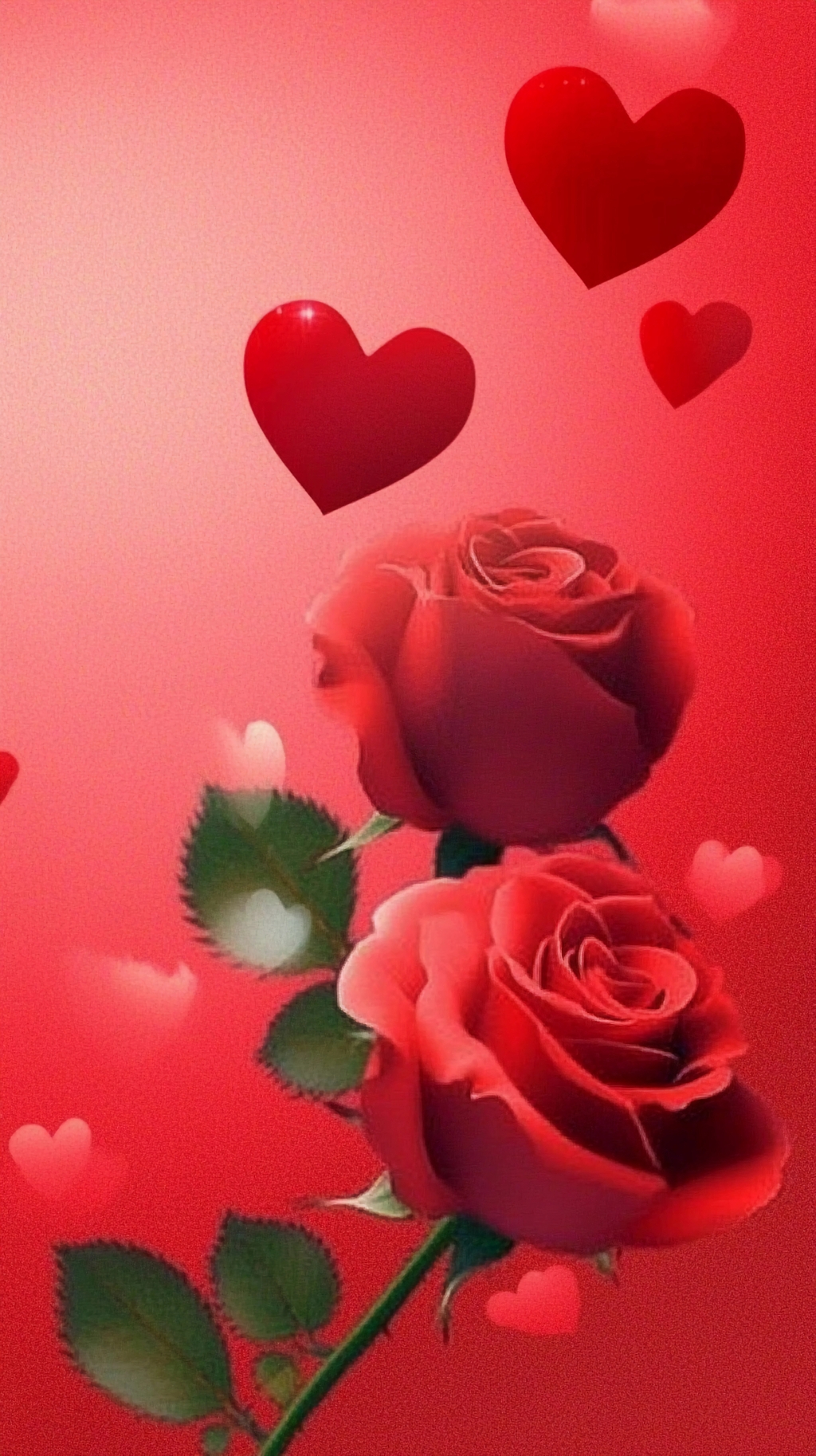 红色渐变背景上两朵红玫瑰搭配爱心浪漫画面AI