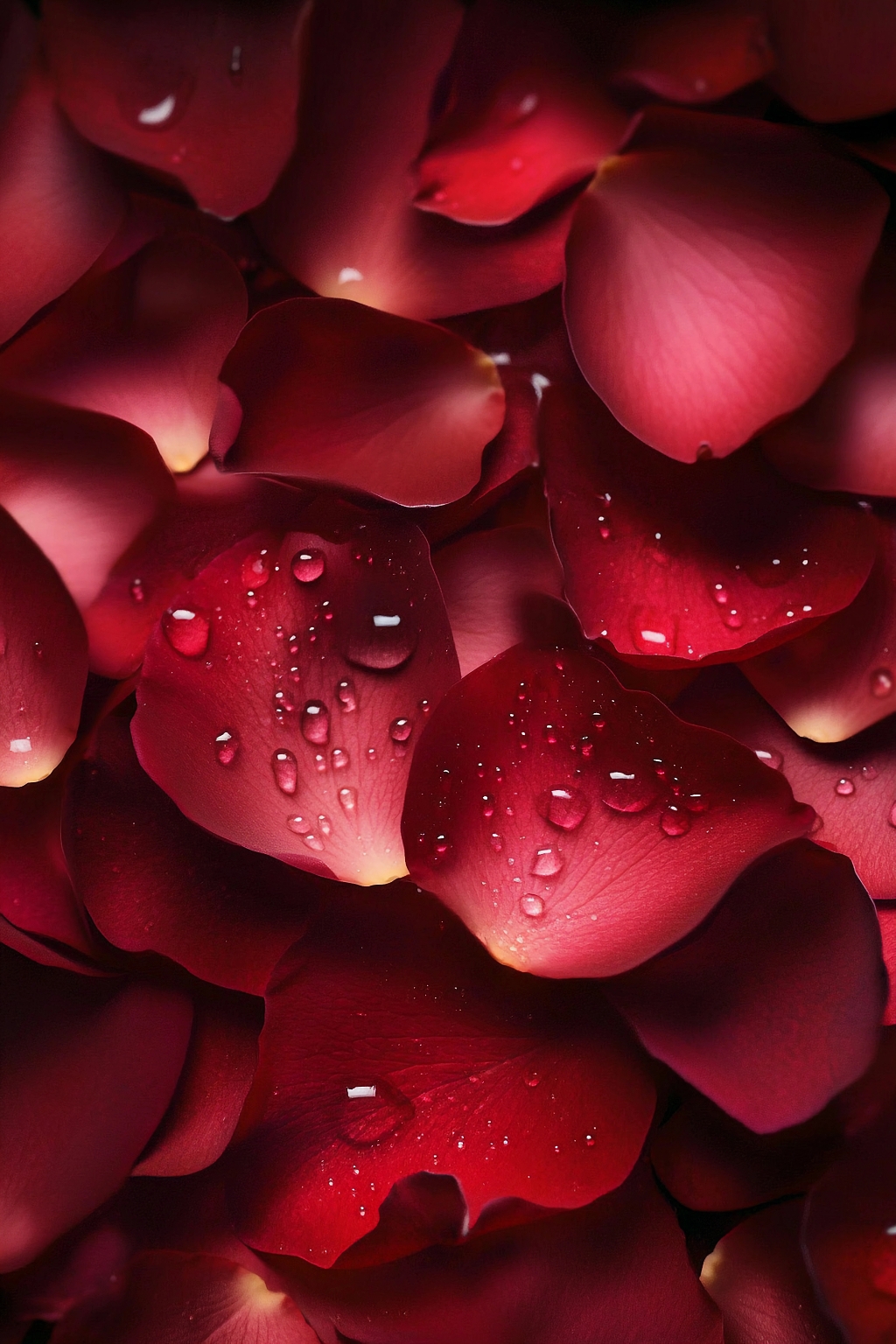 密集排列带水珠的红玫瑰花瓣传递深情爱意AI