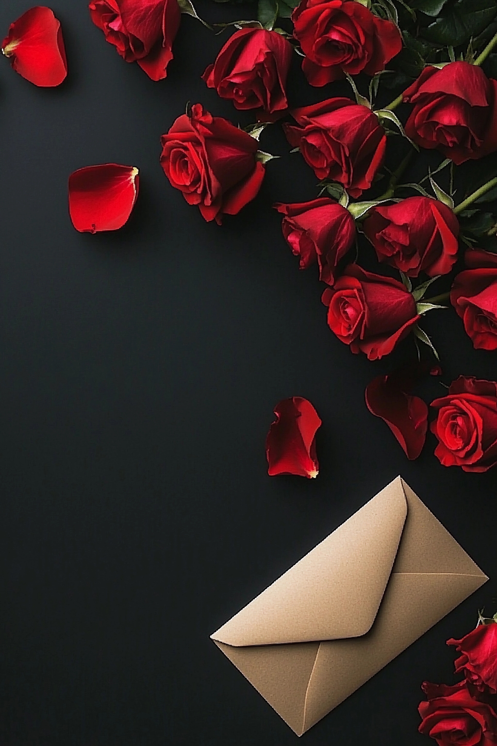 黑色背景上红玫瑰与散落花瓣搭配着棕色信封AI
