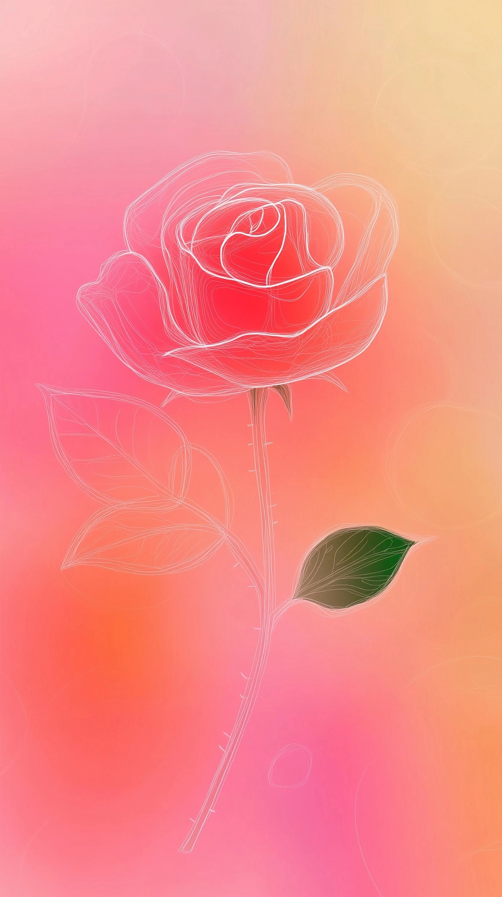 粉橙渐变背景上简约线条勾勒的精致红色玫瑰花AI
