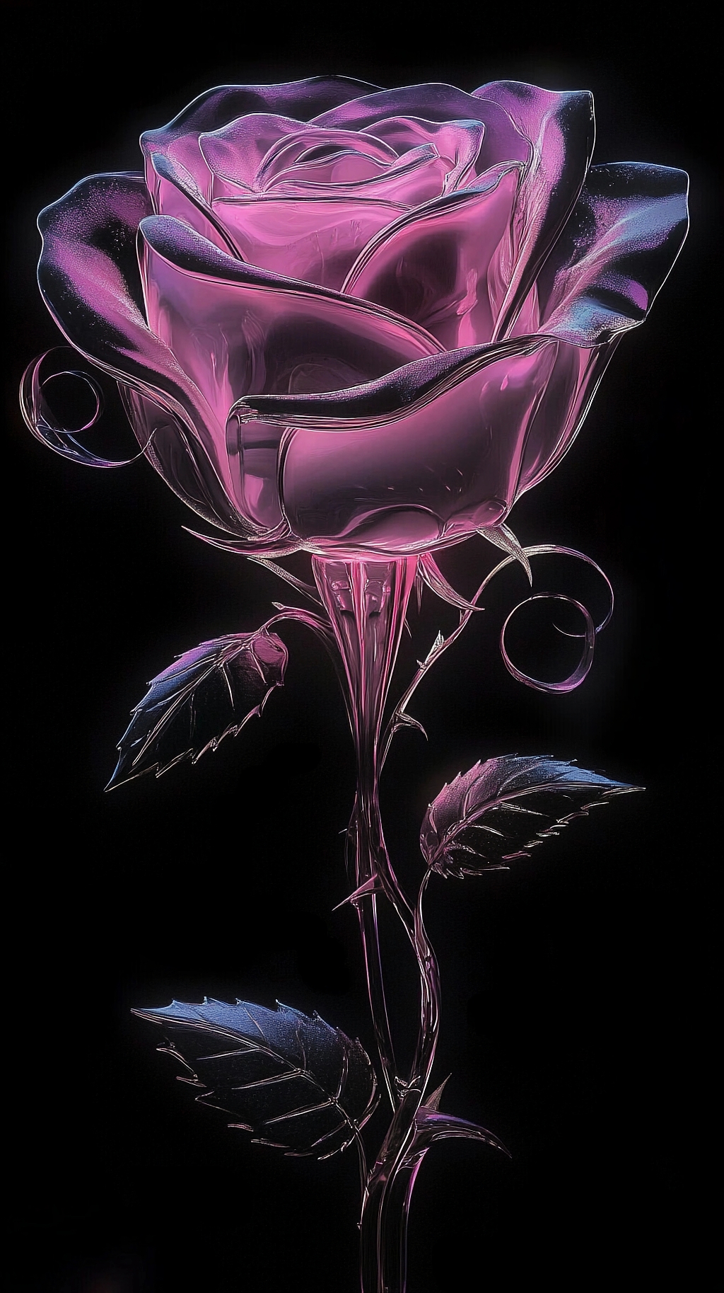 黑色背景下晶莹剔透的梦幻紫色玻璃玫瑰花AI