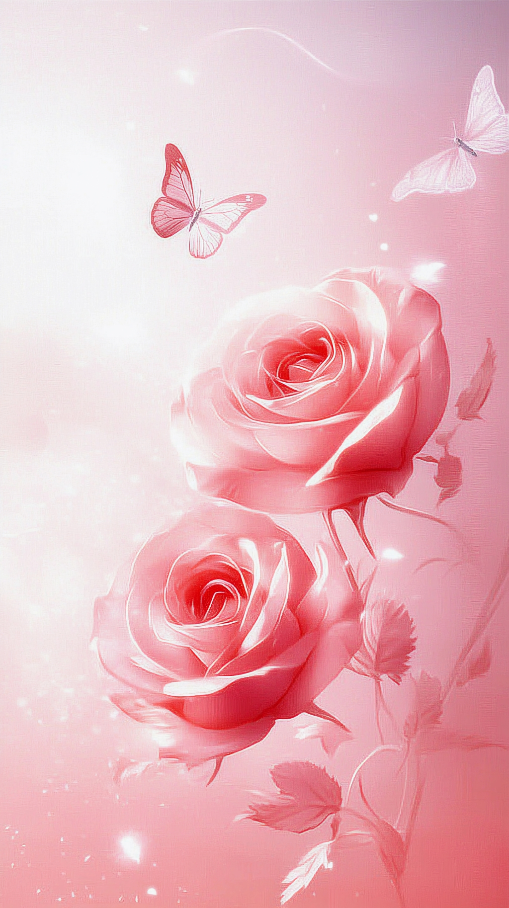 粉色浪漫背景中绽放的玫瑰与飞舞蝴蝶的美景AI