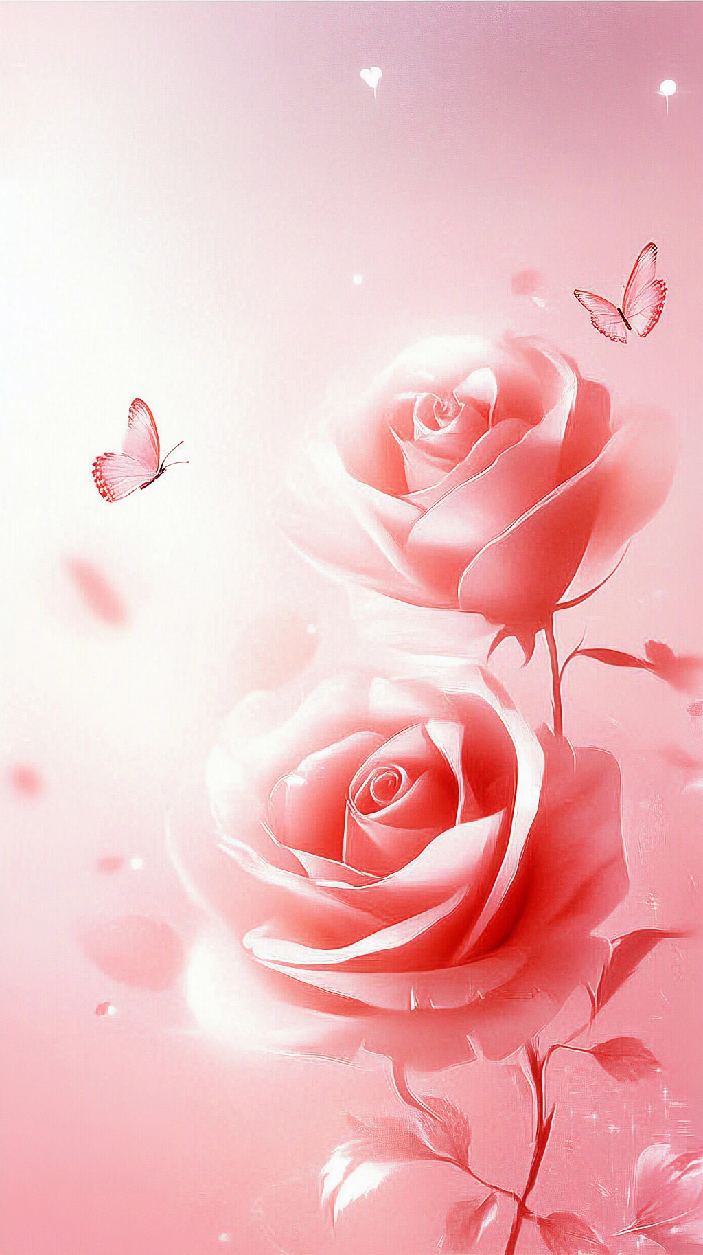 淡粉色梦幻背景中两朵玫瑰与蝴蝶的甜蜜画面AI