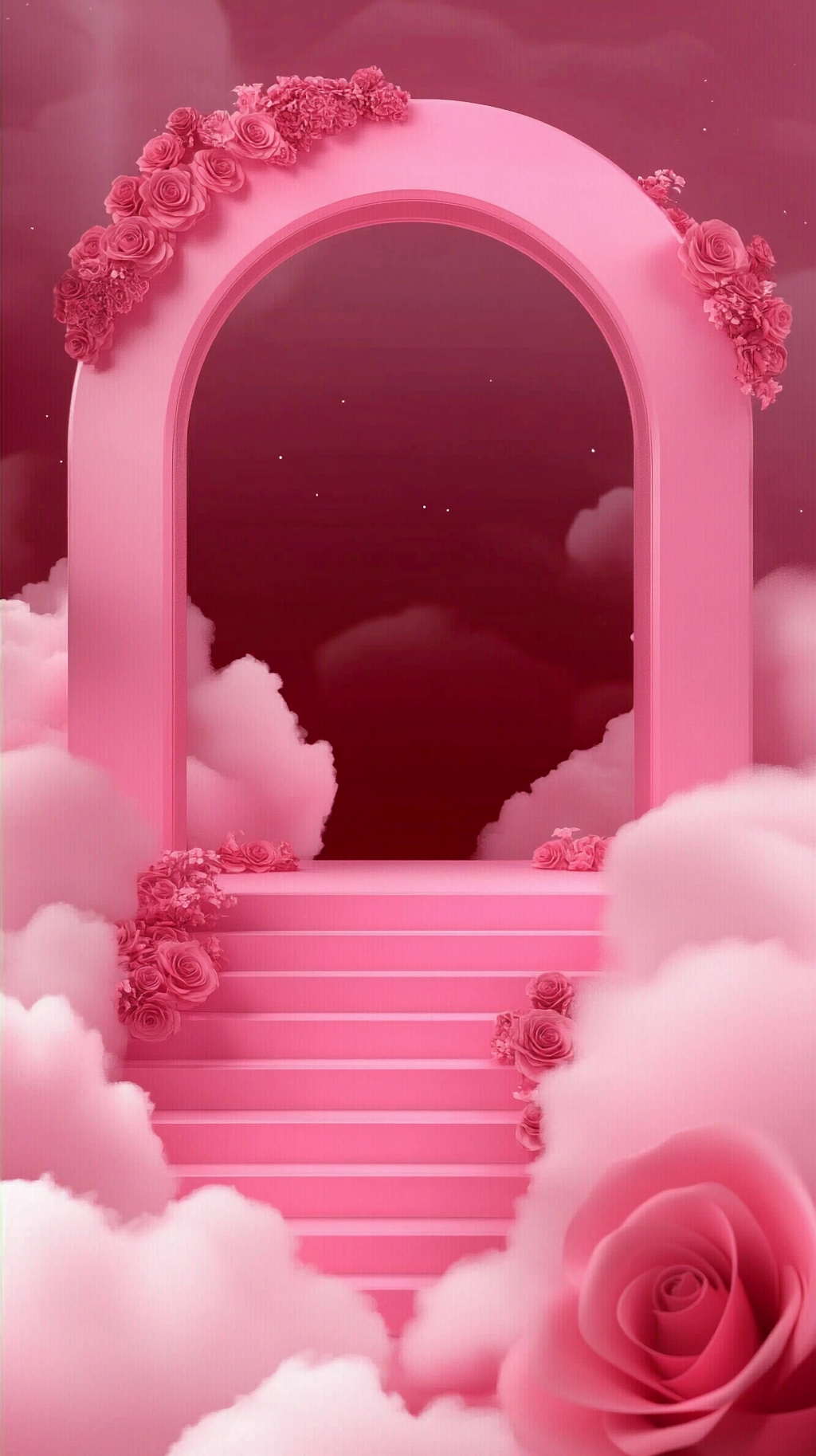 粉色云朵环绕的拱门上装饰着浪漫粉色玫瑰花AI