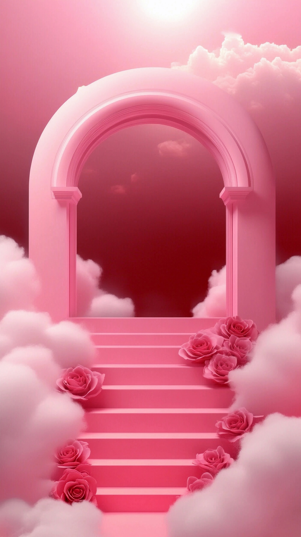 梦幻粉色天空下云朵簇拥的粉色浪漫拱门场景AI