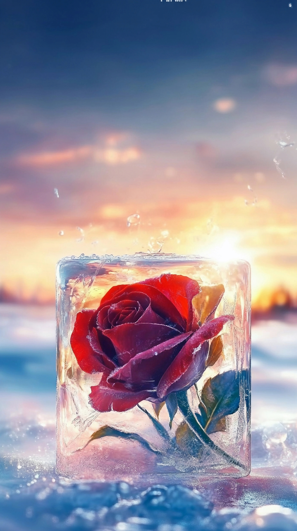 夕阳雪景中被冰块封存的鲜艳红玫瑰独特景象AI