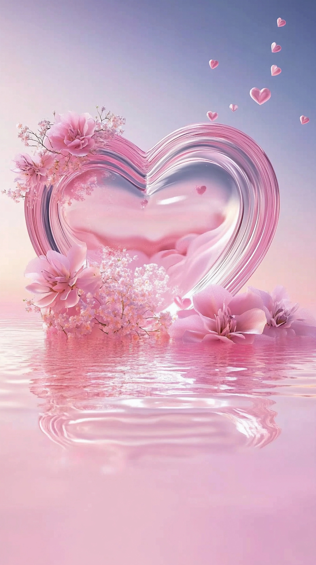 梦幻粉色水面上透明心形框与粉色花朵的浪漫场景AI