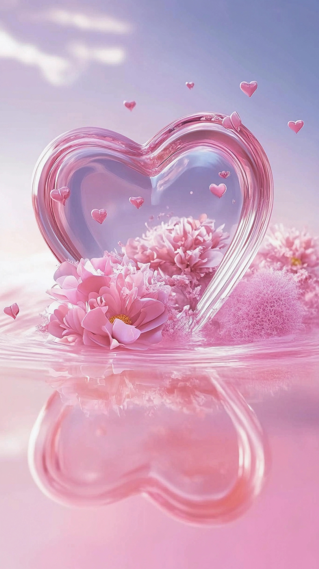 粉色调水面上心形框与粉色花卉营造甜蜜爱情氛围AI