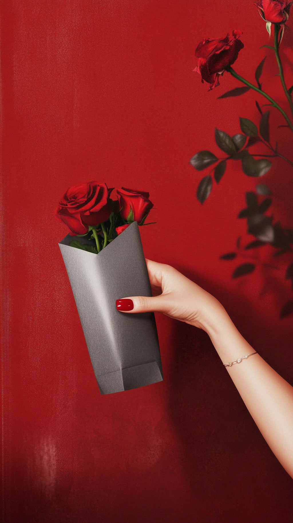 手持灰色花束袋中红玫瑰与红色背景相衬的画面AI