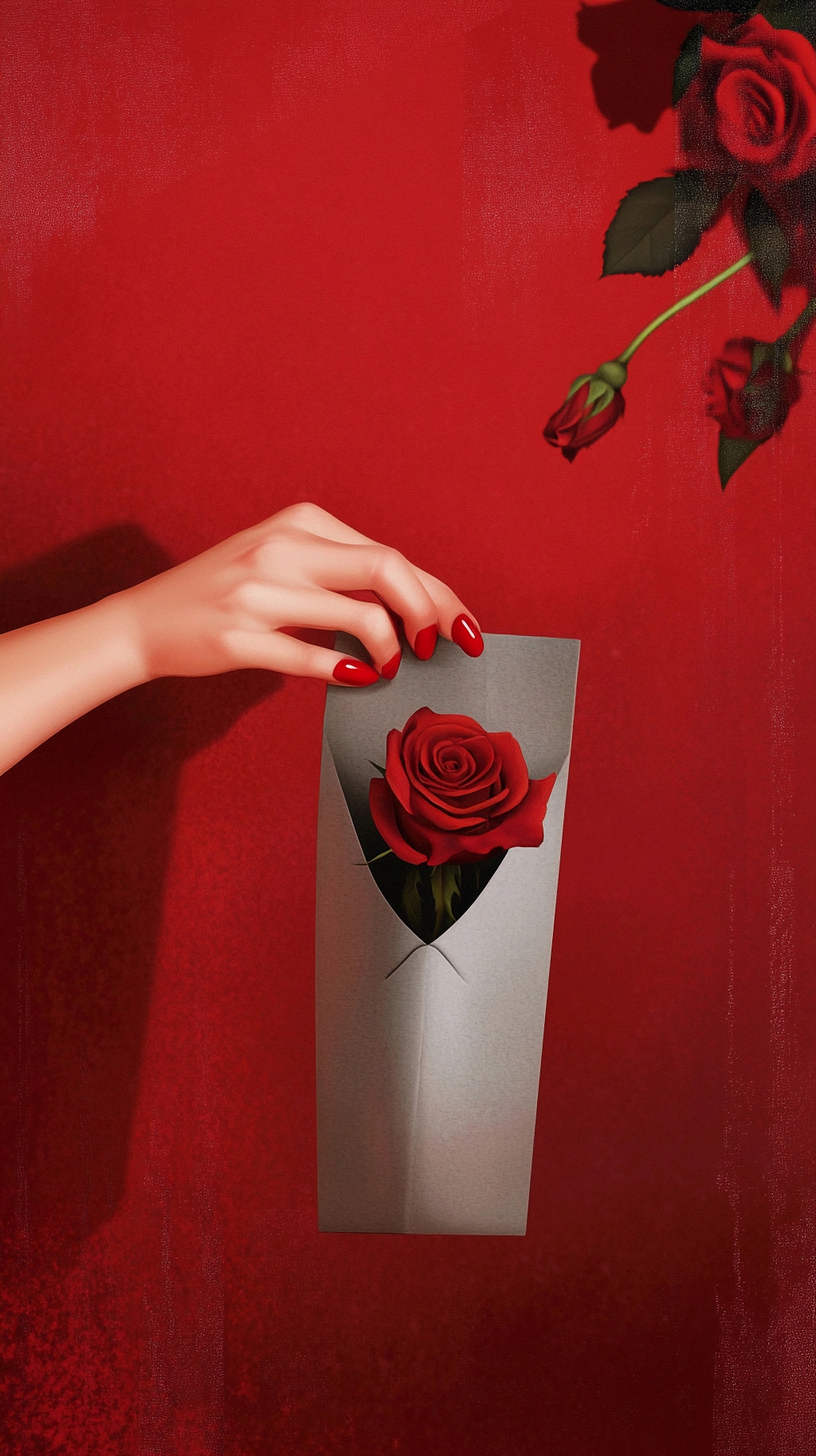 手触灰色包装红玫瑰搭配红色背景传递爱意画面AI