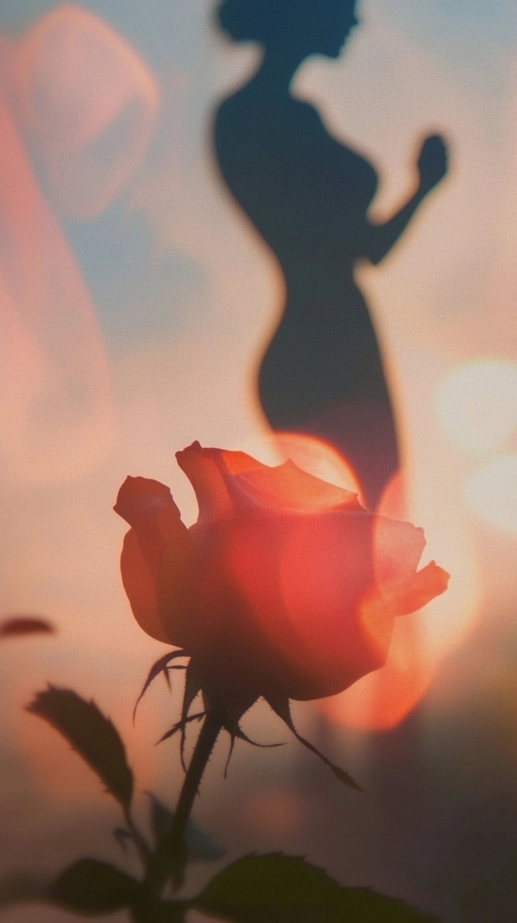 夕阳光影中红玫瑰与女性剪影营造浪漫氛围画面AI