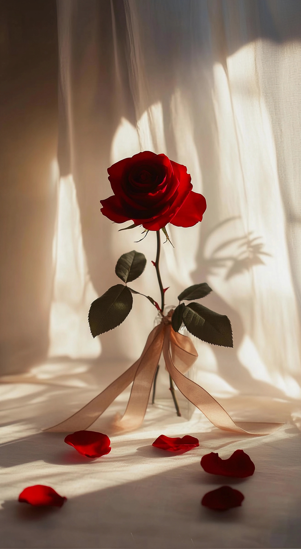 阳光透过白纱映照瓶中红玫瑰及散落花瓣画面AI
