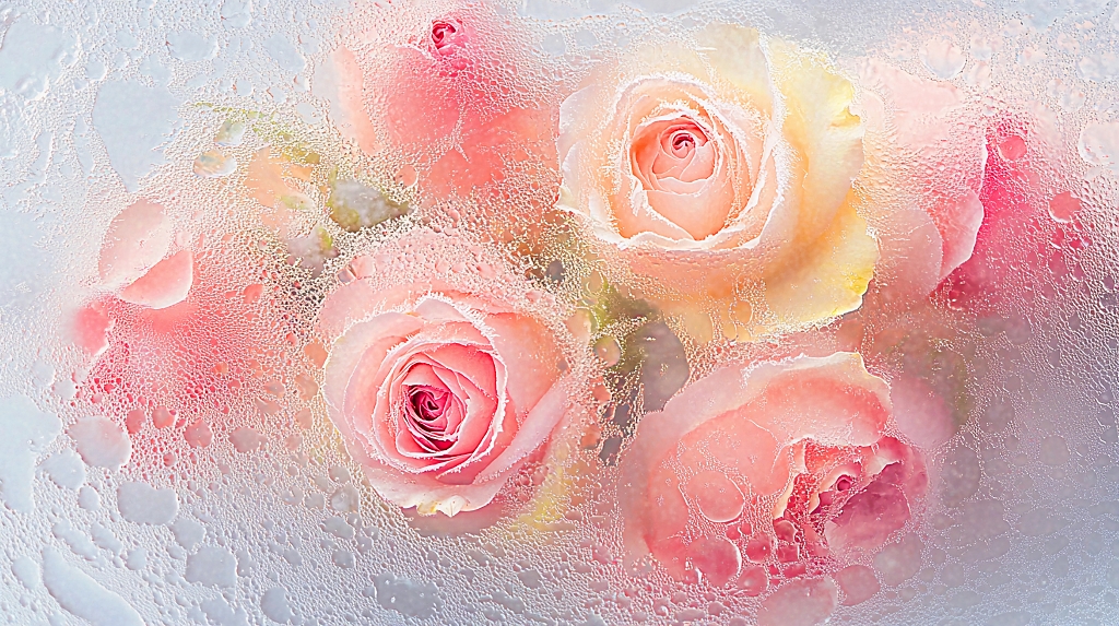 水珠覆盖下色彩柔和的多支粉色黄色玫瑰花图AI