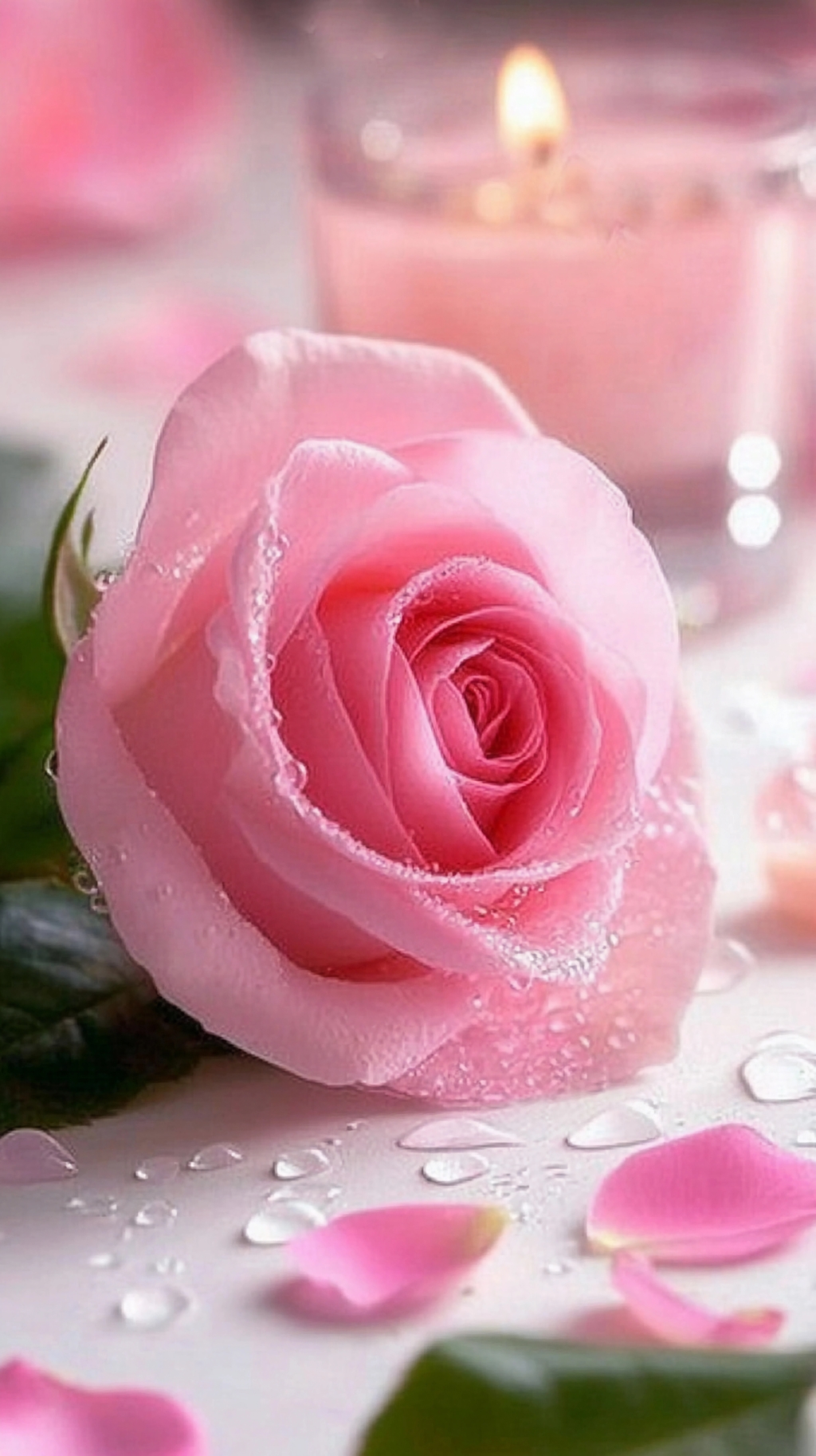 烛光旁带水滴的粉色玫瑰与散落花瓣温馨场景AI