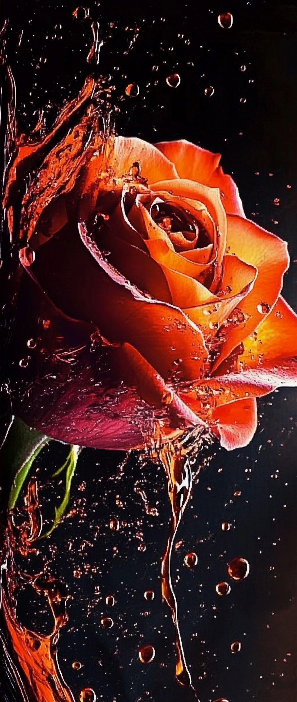 黑色背景上橙色玫瑰被水花环绕的动感画面AI