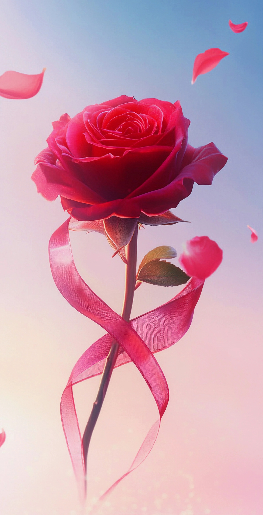 淡粉渐变天空下红玫瑰配丝带花瓣飘落的美景AI
