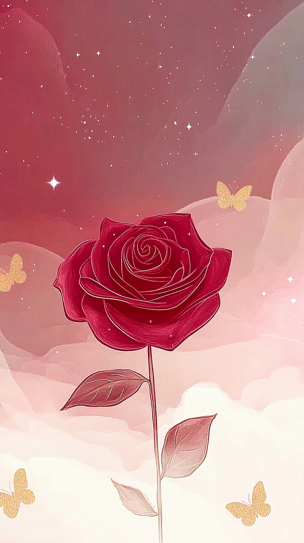 梦幻星空与彩云背景中红玫瑰和蝴蝶的插画AI