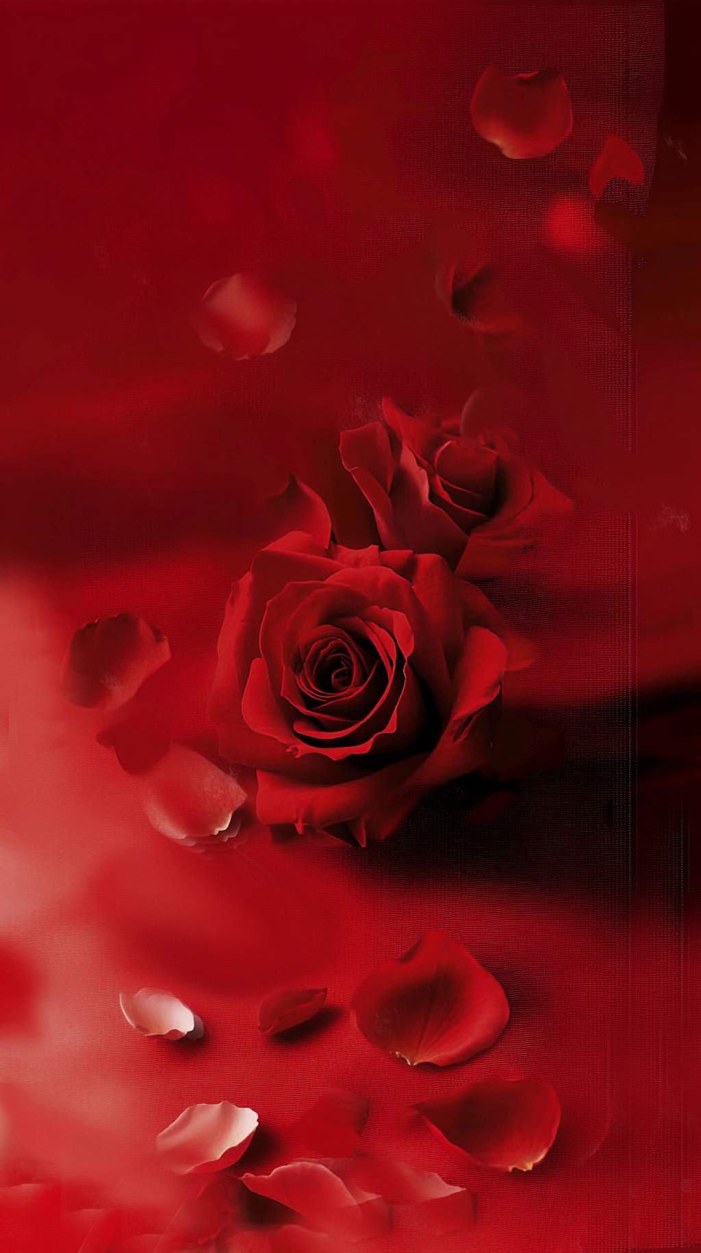 红色背景中红玫瑰与飘落花瓣营造浓郁爱情氛围AI