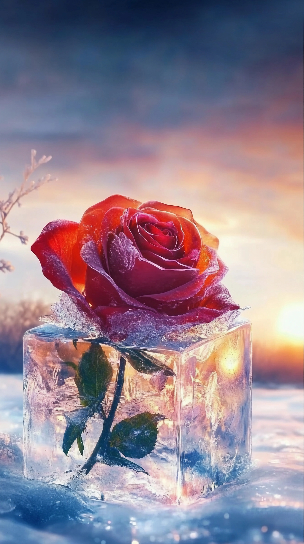 夕阳雪景中冰块封存着鲜艳红玫瑰的独特画面AI