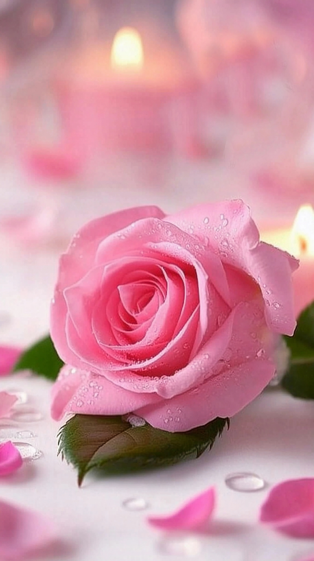 烛光旁带水珠的粉嫩玫瑰搭配散落花瓣的美景AI