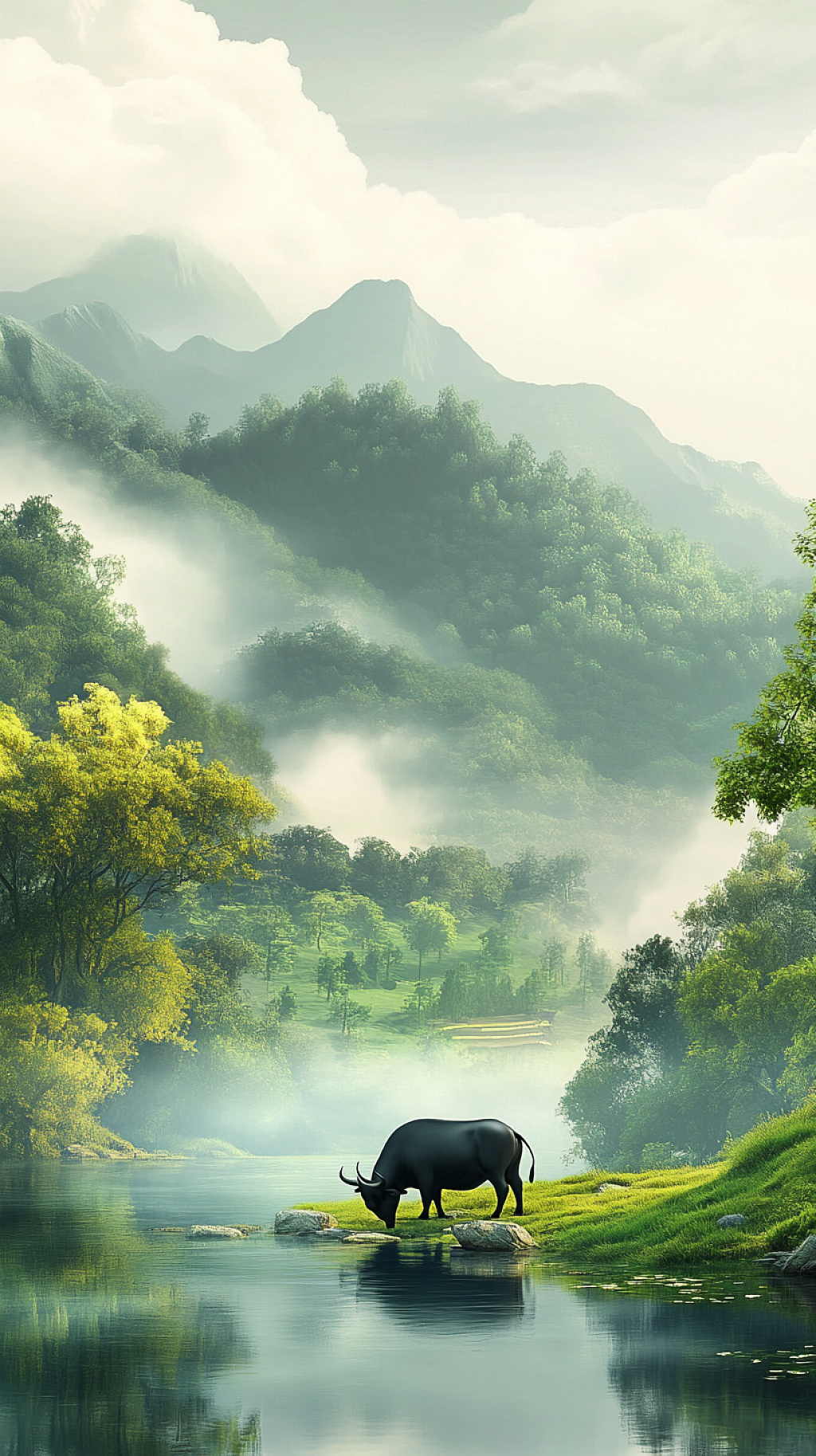 清明节中国山水放牛插画AI