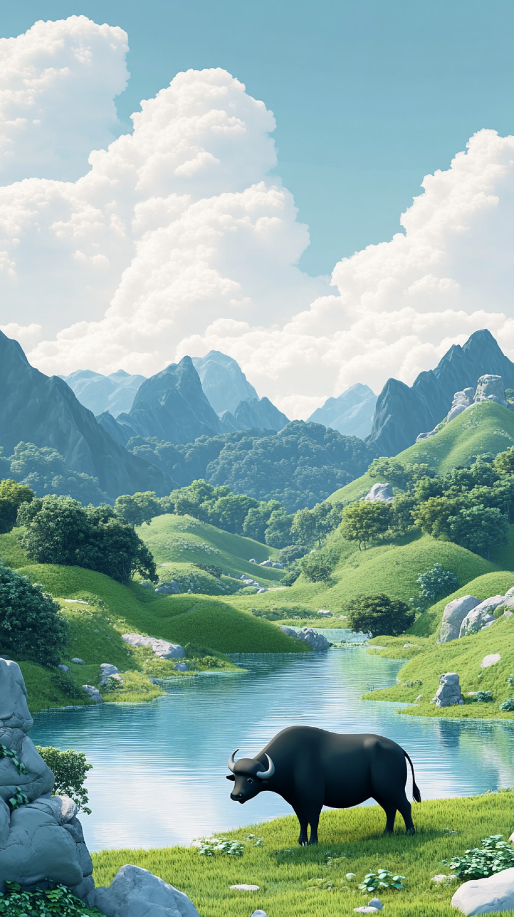 清明节中国山水放牛插画AI