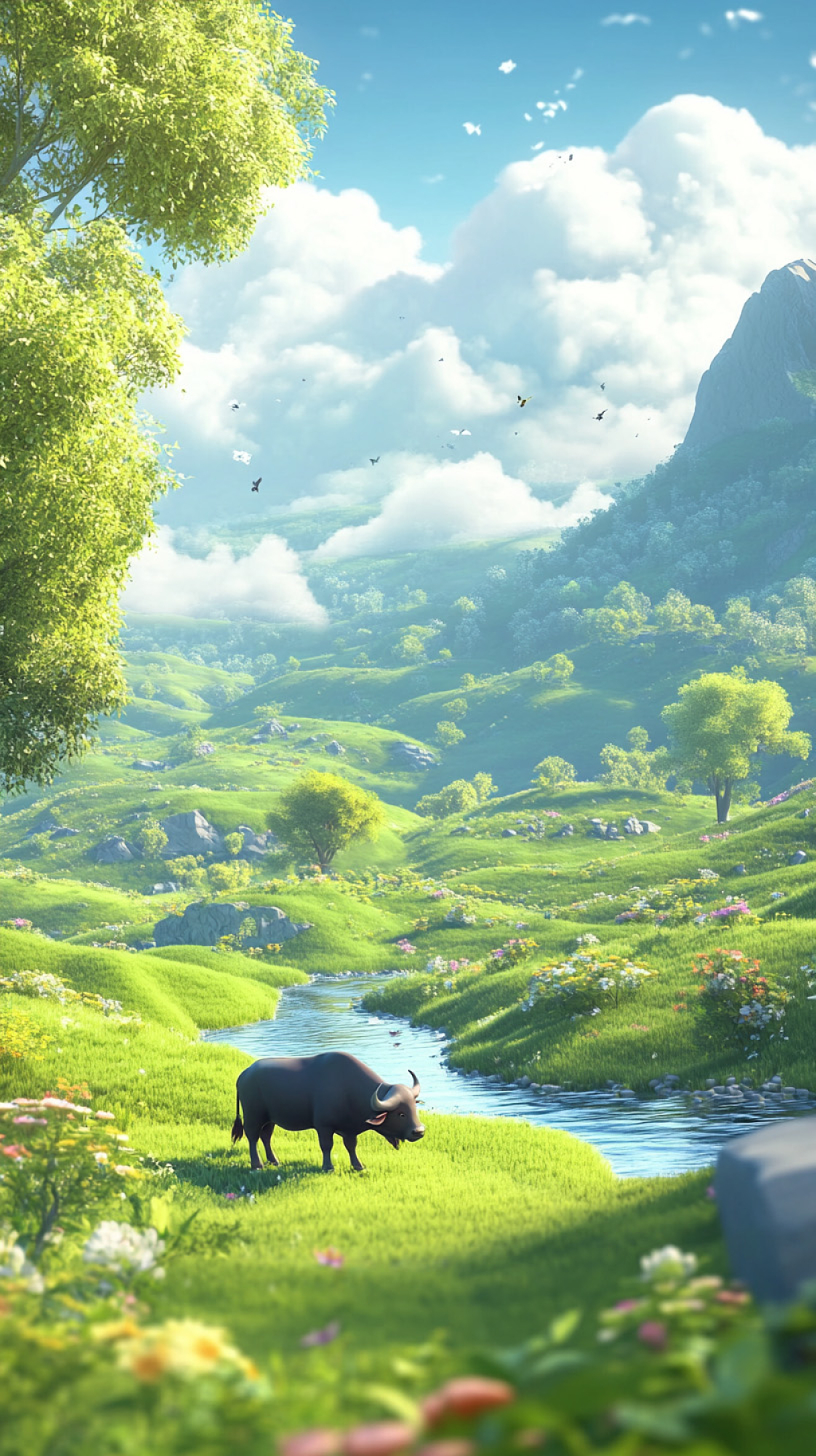 清明节中国山水放牛插画AI