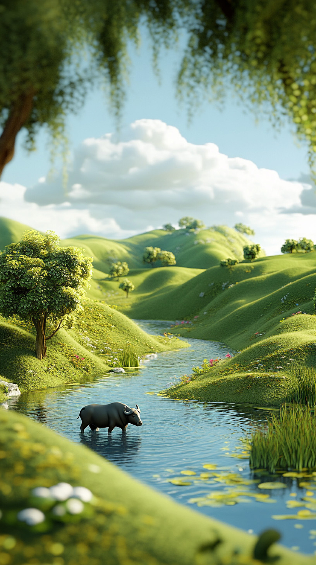 清明节中国山水放牛插画AI