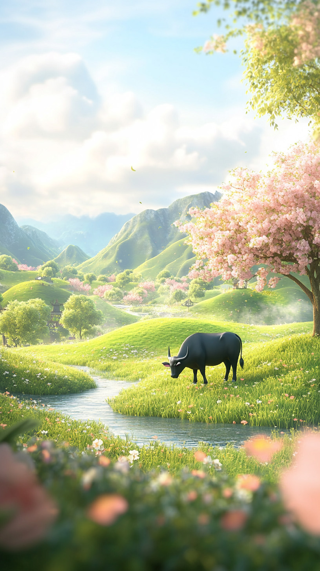 清明节中国山水放牛插画AI