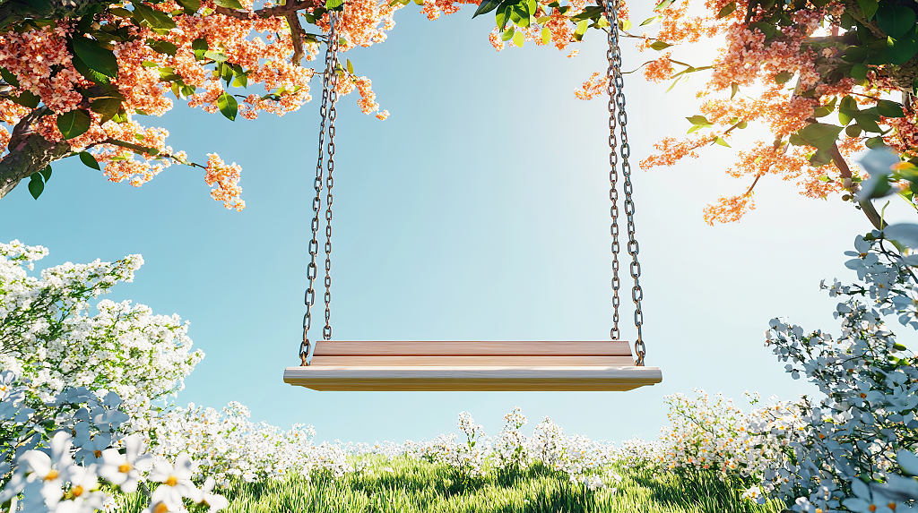 荡秋千清明节春天户外鲜花草地上的秋千AI