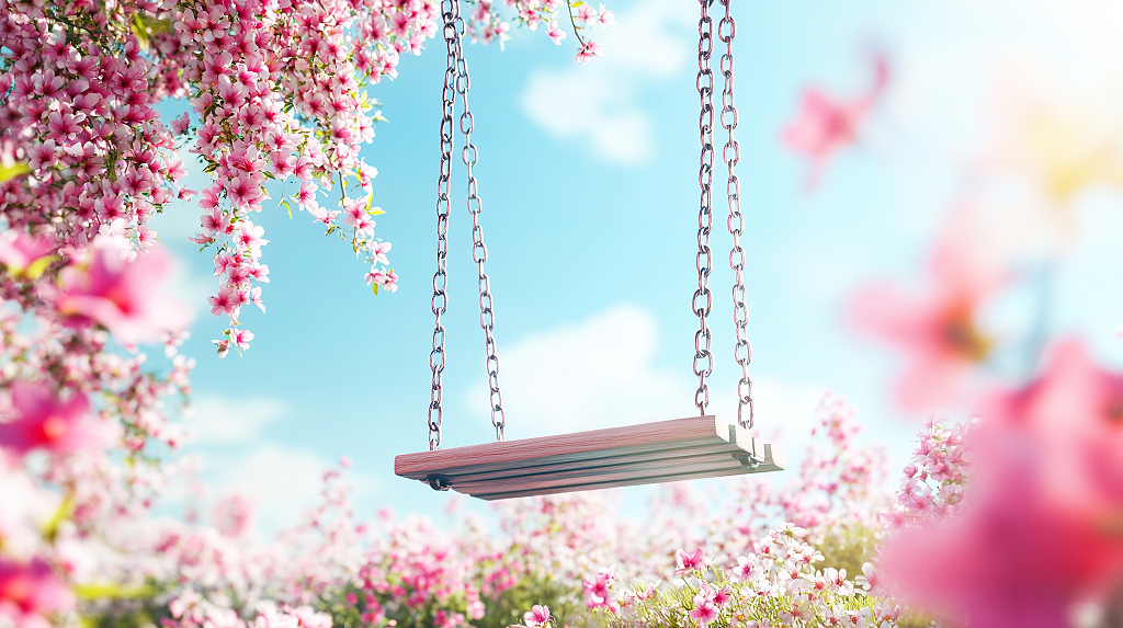 荡秋千清明节春天户外樱花树下的秋千AI