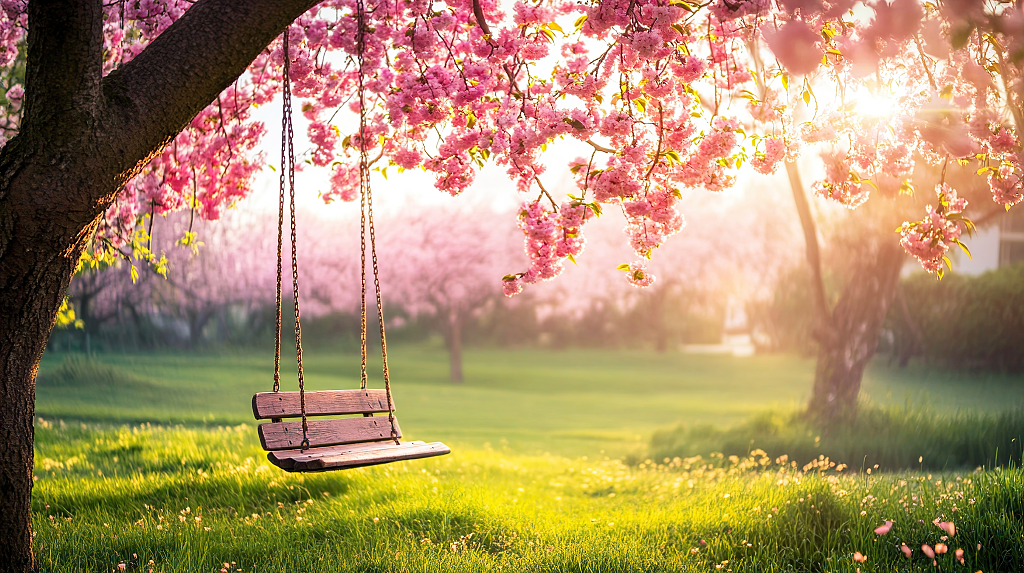 荡秋千清明节春天户外樱花树下的秋千AI
