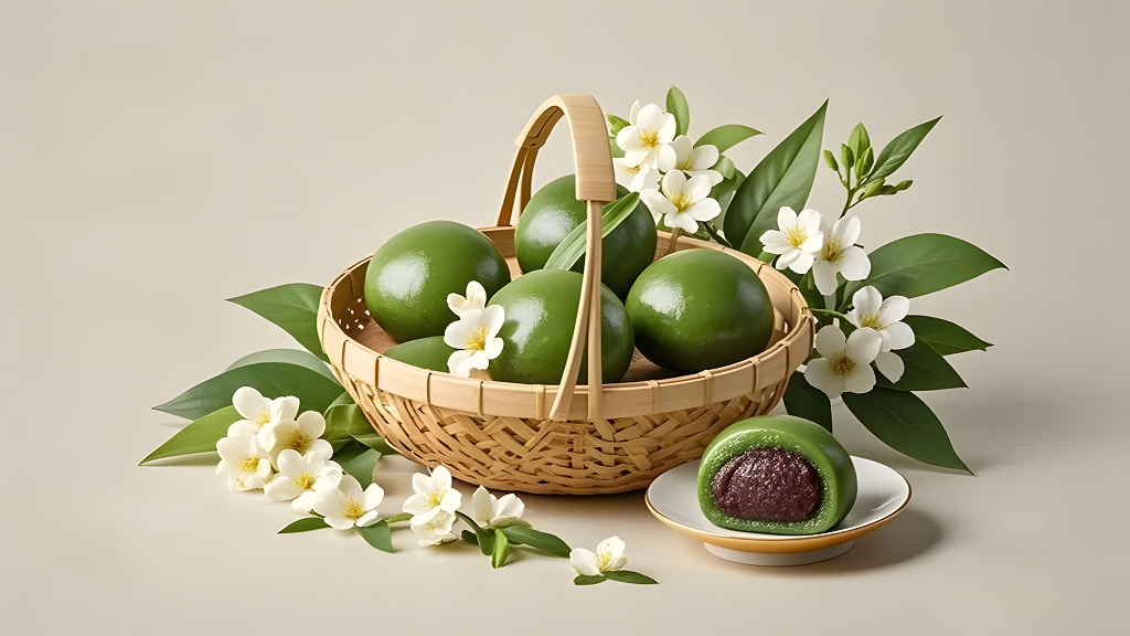 竹篮青团与花卉装饰清明节传统美食食品摄影AI