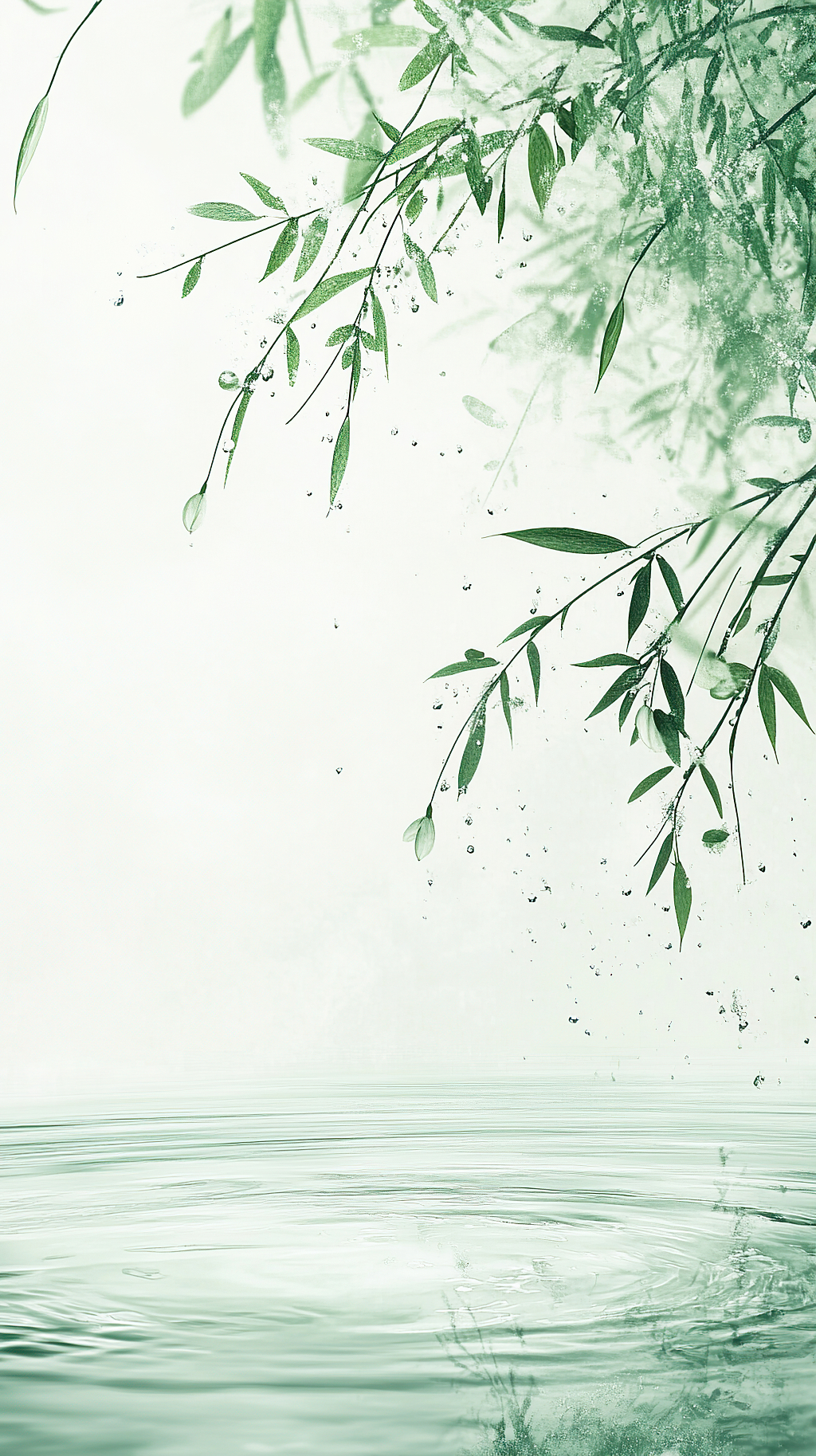 清明节柳枝水滴落水面背景AI
