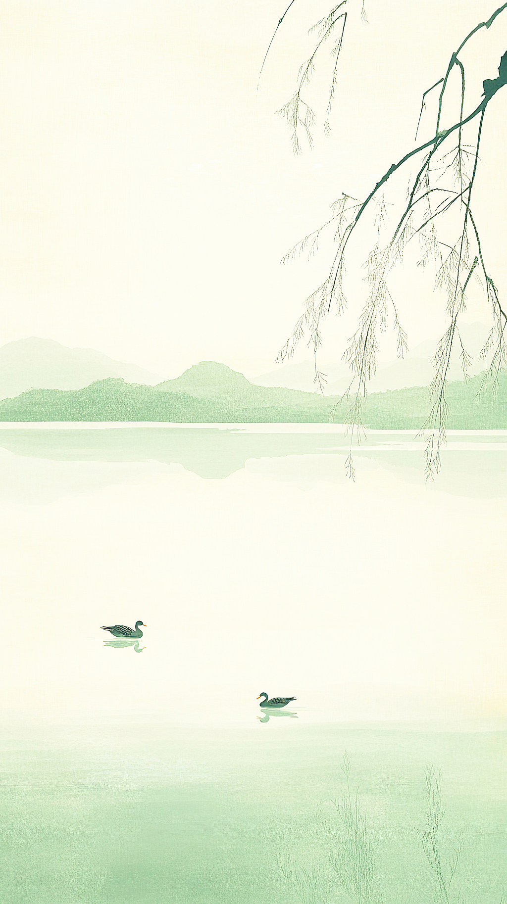 清明节湖面上的鸭子和岸边柳枝背景AI