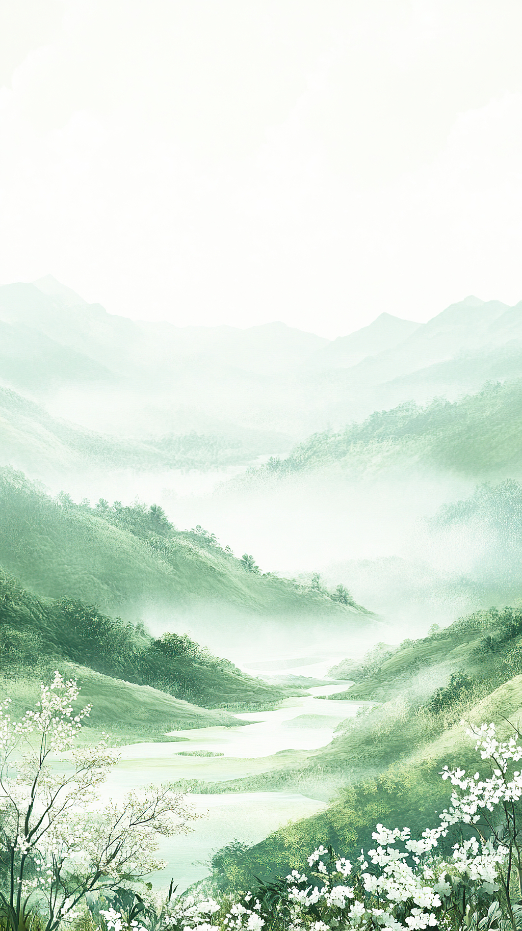 清明节山间雾里的小河与开花的树背景AI