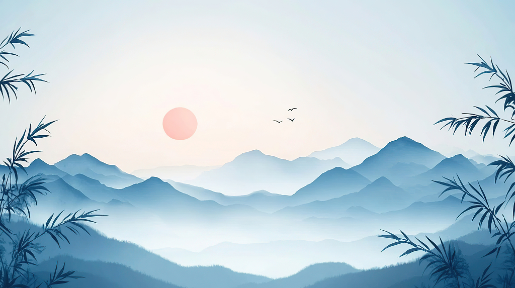 清明节群山间的落日和飞鸟背景AI